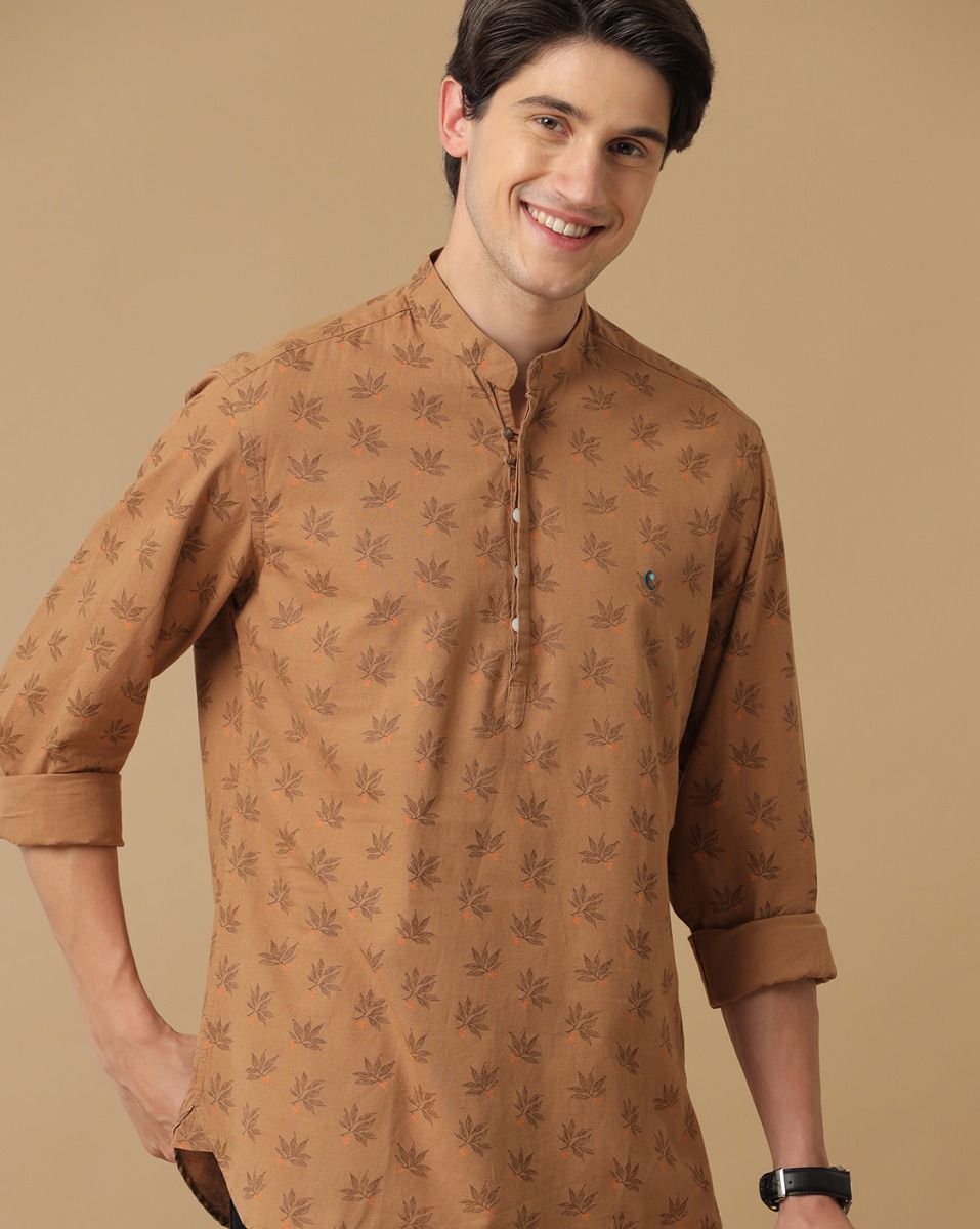 Cavallo By Linen Club Men's Cotton Linen Brown Printed Regular Fit Full Sleeve Casual Shirt