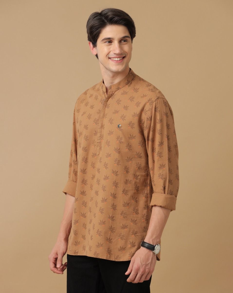 Cavallo By Linen Club Men's Cotton Linen Brown Printed Regular Fit Full Sleeve Casual Shirt