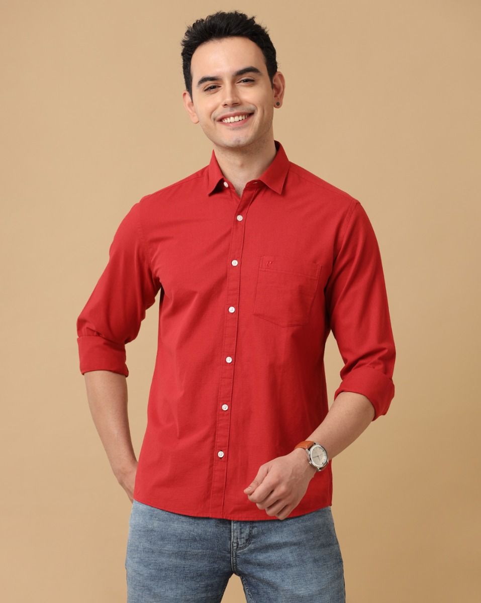Men's Blended Linen Red Solid Contemporary Fit Full Sleeve Sleeve Casual Shirt