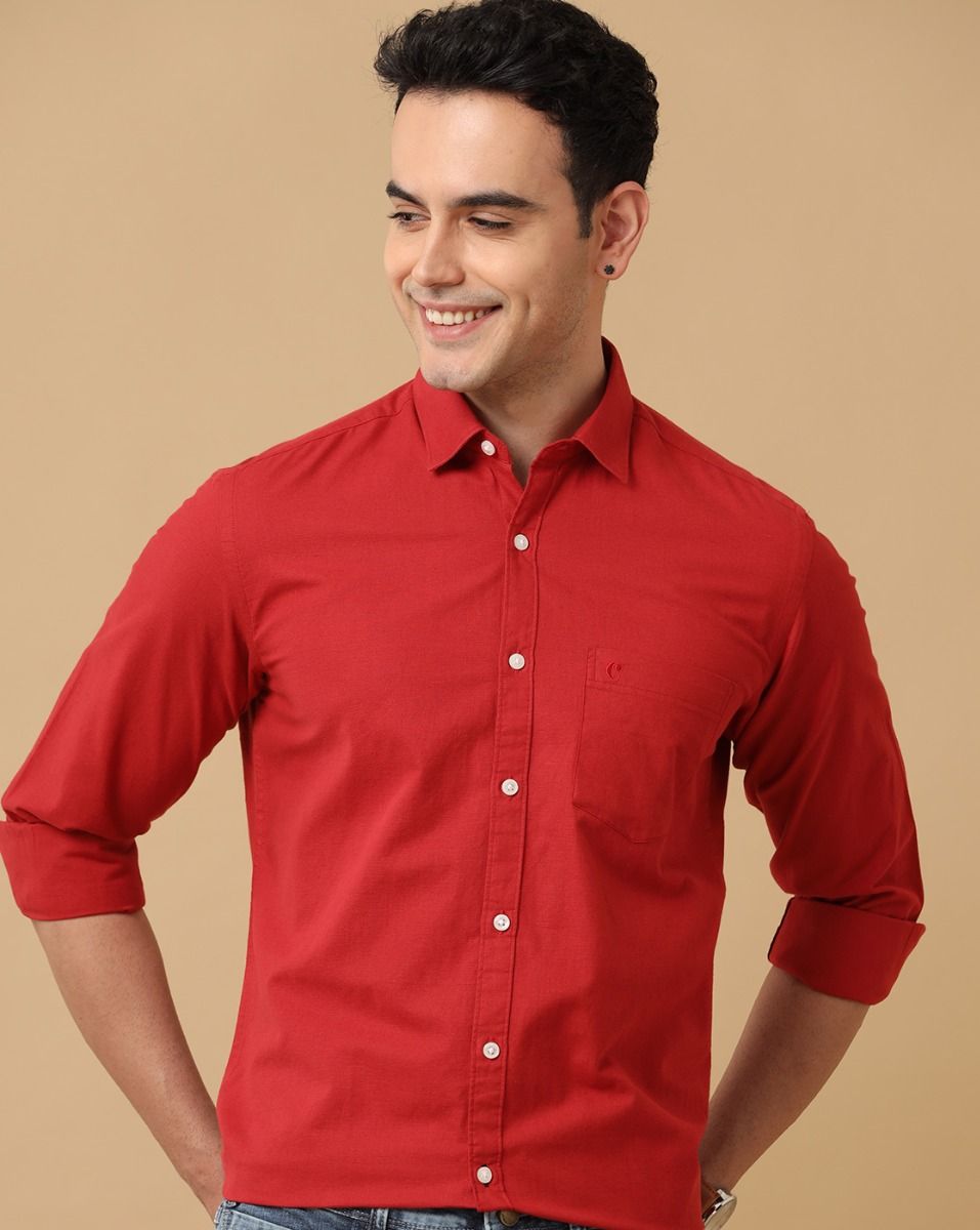 Men's Blended Linen Red Solid Contemporary Fit Full Sleeve Sleeve Casual Shirt