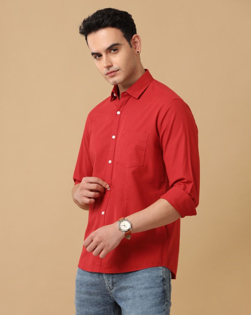 Men's Blended Linen Red Solid Contemporary Fit Full Sleeve Sleeve Casual Shirt