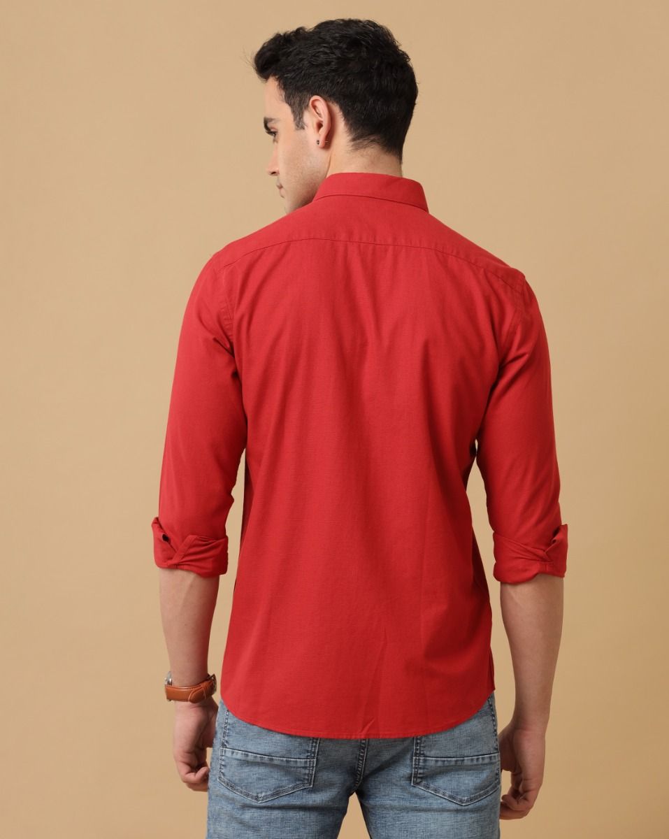 Men's Blended Linen Red Solid Contemporary Fit Full Sleeve Sleeve Casual Shirt