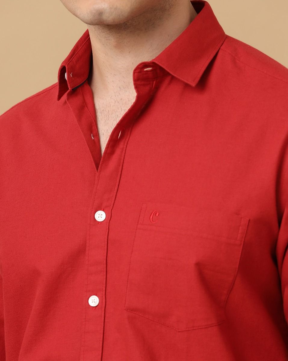 Men's Blended Linen Red Solid Contemporary Fit Full Sleeve Sleeve Casual Shirt