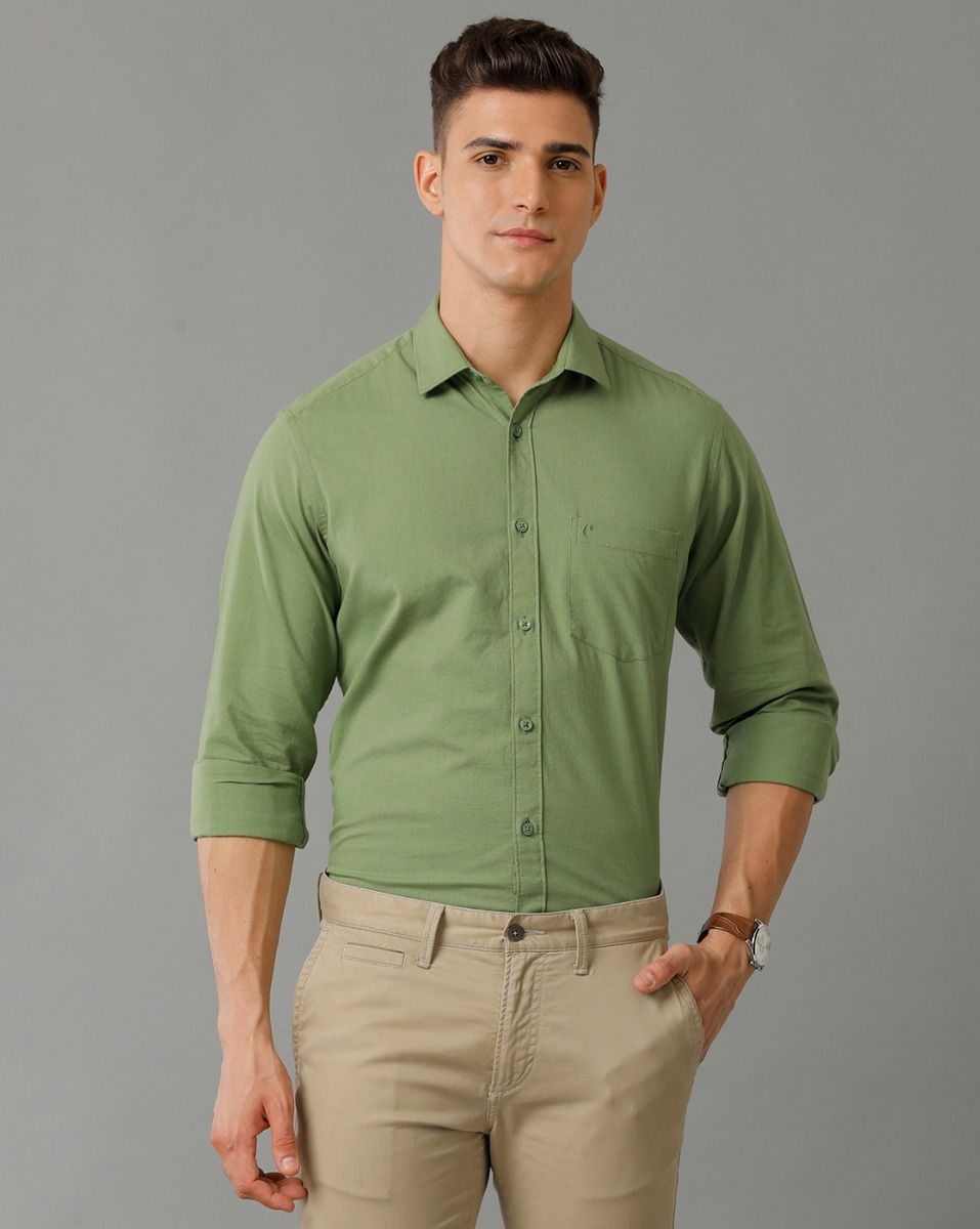 Cavallo By Linen Club Men's Cotton Linen Green Solid Slim Fit Full Sleeve Smart Casual Shirt