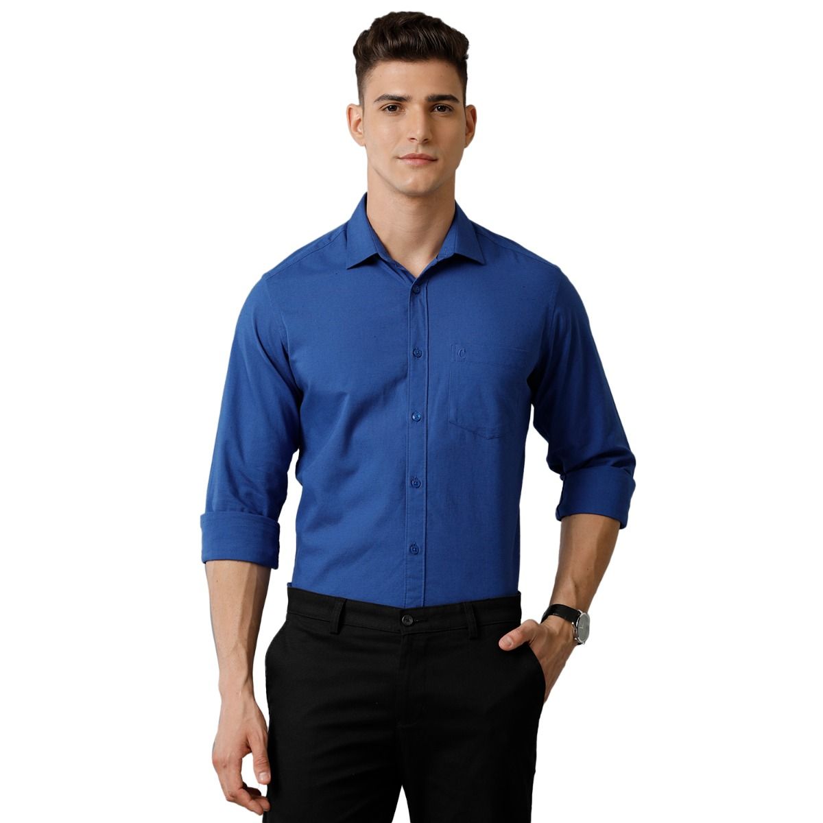 Cavallo By Linen Club Men's Cotton Linen Blue Solid Slim Fit Full Sleeve Smart Casual Shirt