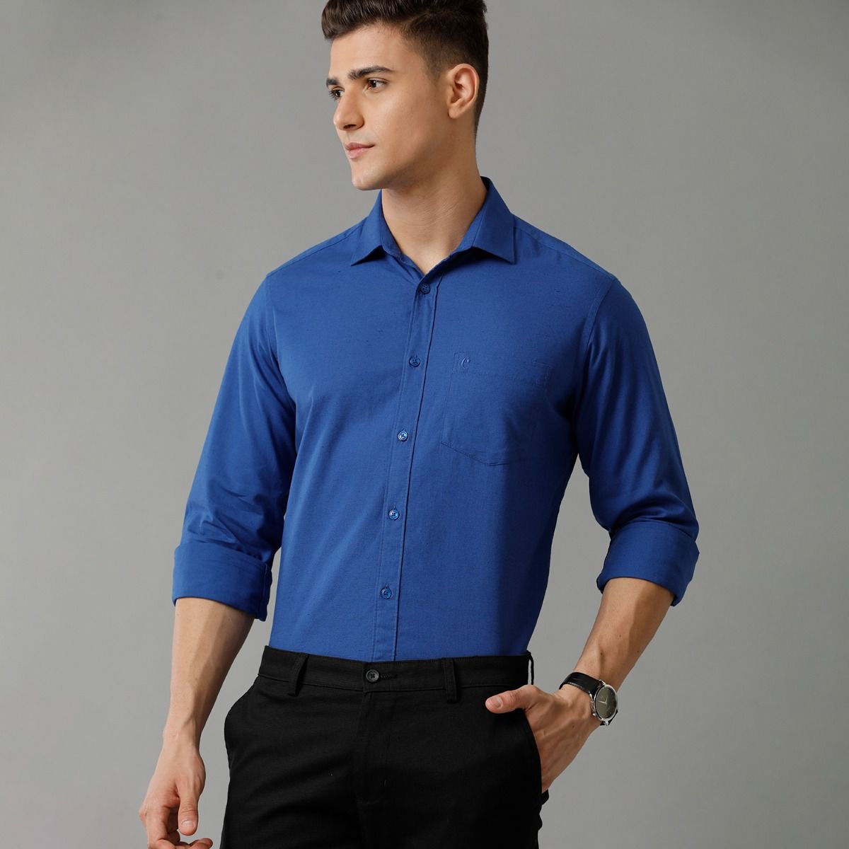 Cavallo By Linen Club Men's Cotton Linen Blue Solid Slim Fit Full Sleeve Smart Casual Shirt