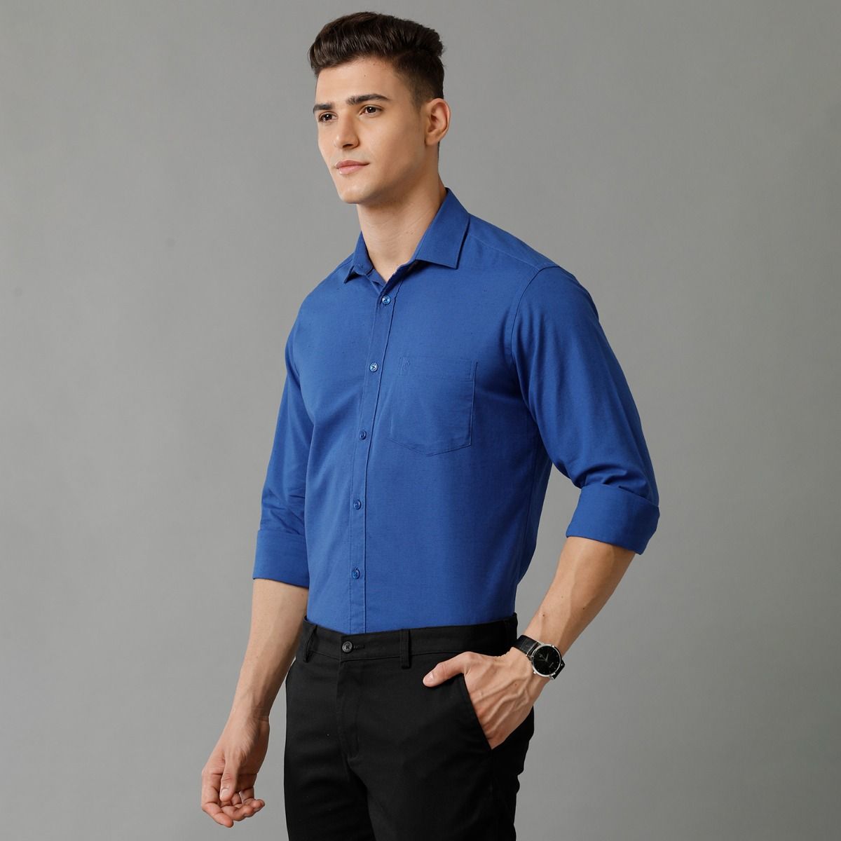 Cavallo By Linen Club Men's Cotton Linen Blue Solid Slim Fit Full Sleeve Smart Casual Shirt