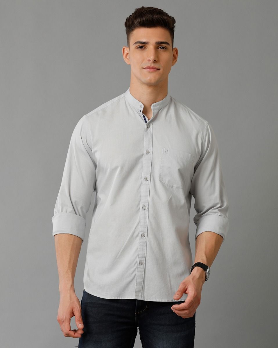 Men's Blended Linen Grey Solid Contemporary Fit Full Sleeve Sleeve Casual Shirt