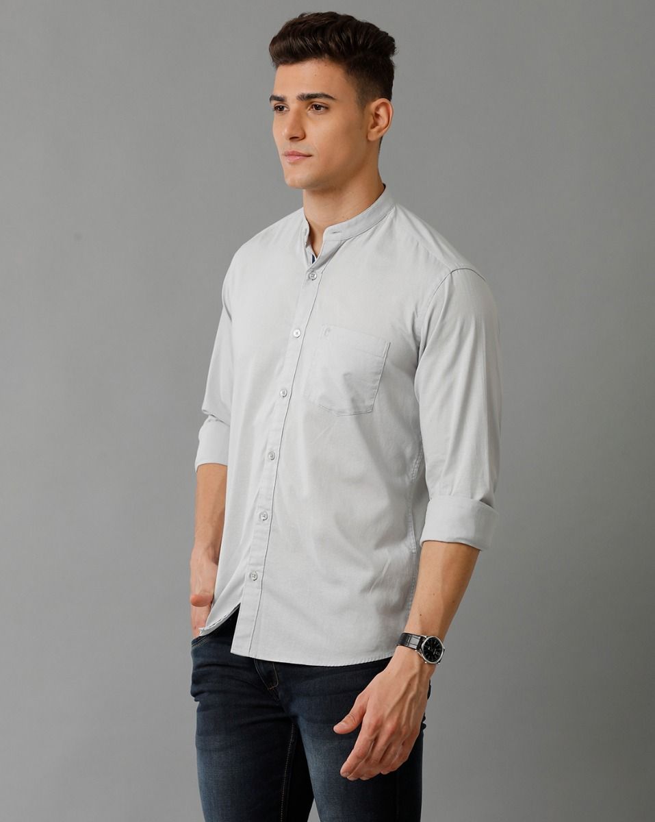 Men's Blended Linen Grey Solid Contemporary Fit Full Sleeve Sleeve Casual Shirt