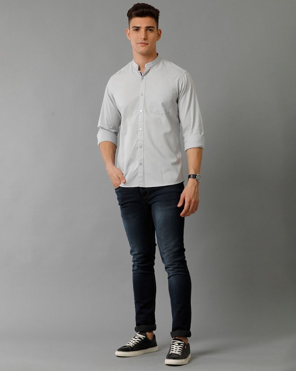Men's Blended Linen Grey Solid Contemporary Fit Full Sleeve Sleeve Casual Shirt
