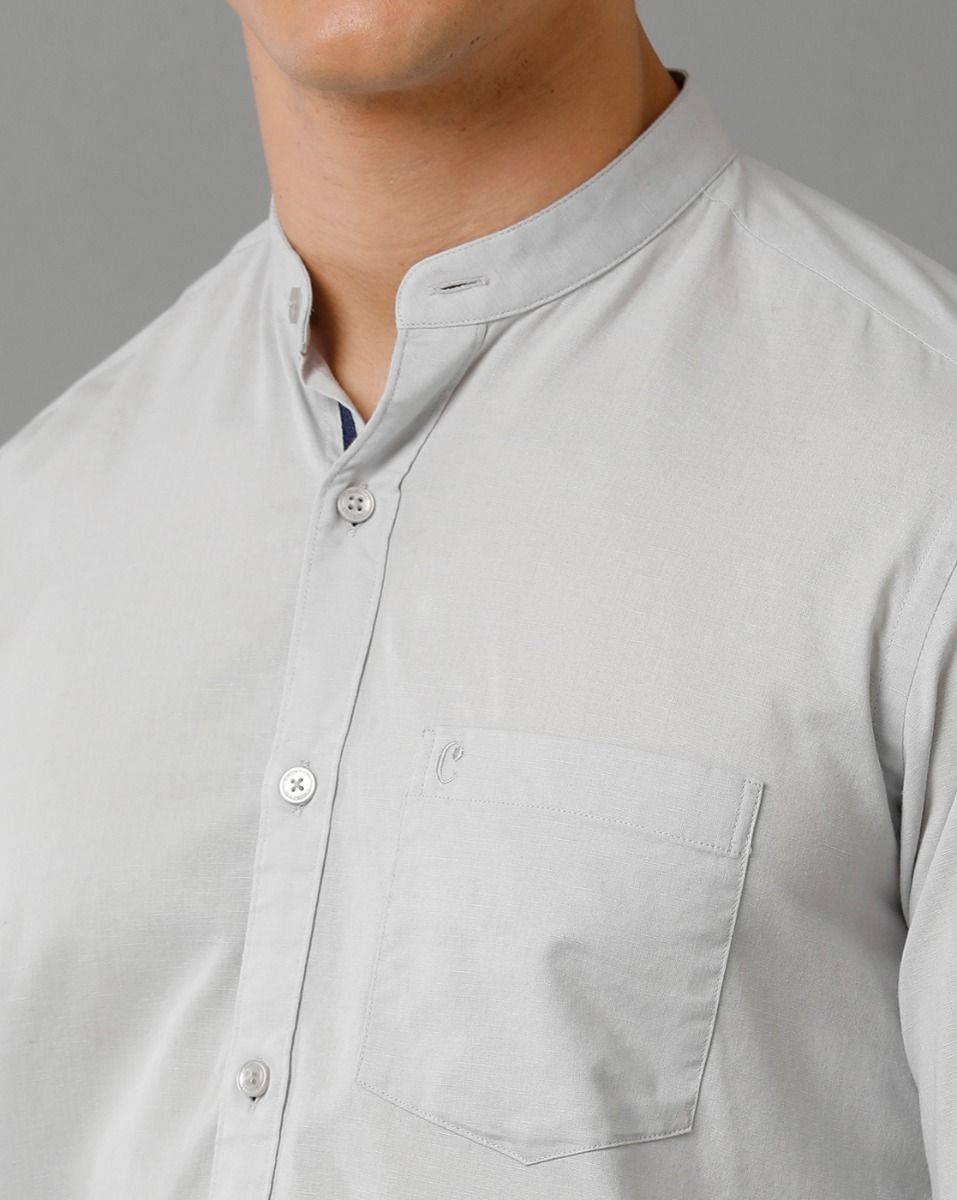 Men's Blended Linen Grey Solid Contemporary Fit Full Sleeve Sleeve Casual Shirt