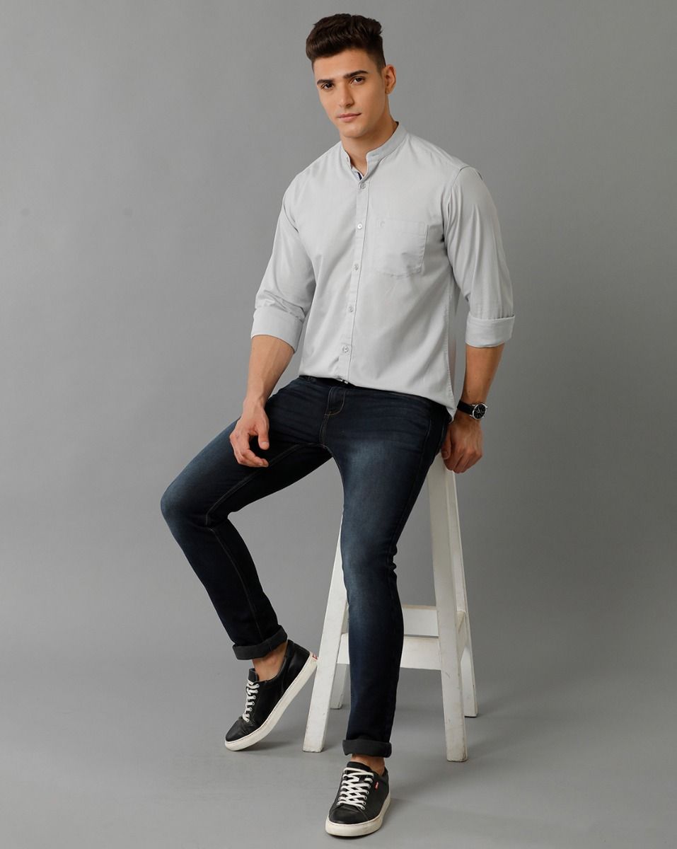 Men's Blended Linen Grey Solid Contemporary Fit Full Sleeve Sleeve Casual Shirt