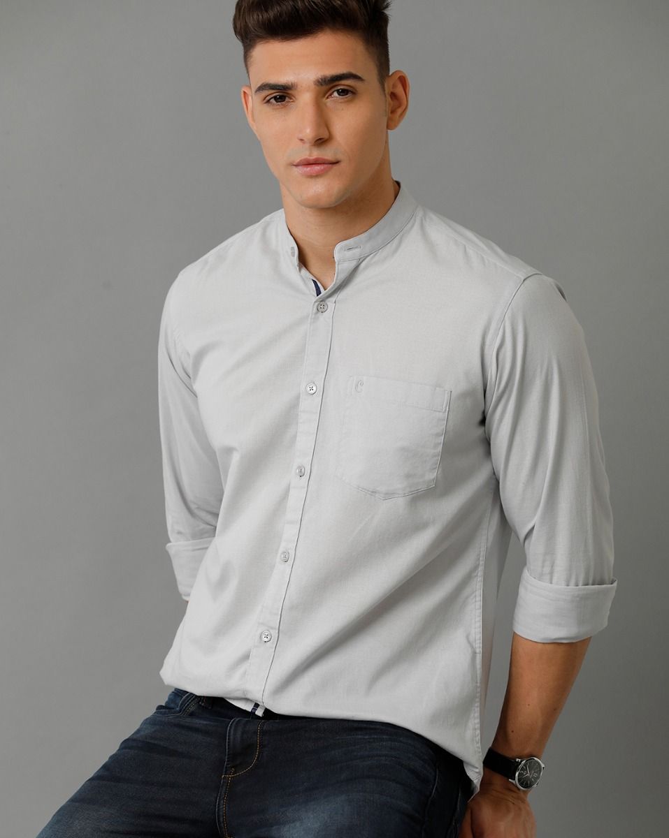 Men's Blended Linen Grey Solid Contemporary Fit Full Sleeve Sleeve Casual Shirt