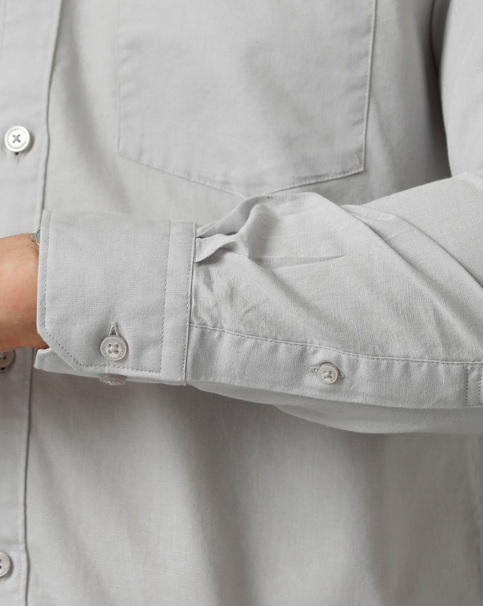 Men's Blended Linen Grey Solid Contemporary Fit Full Sleeve Sleeve Casual Shirt