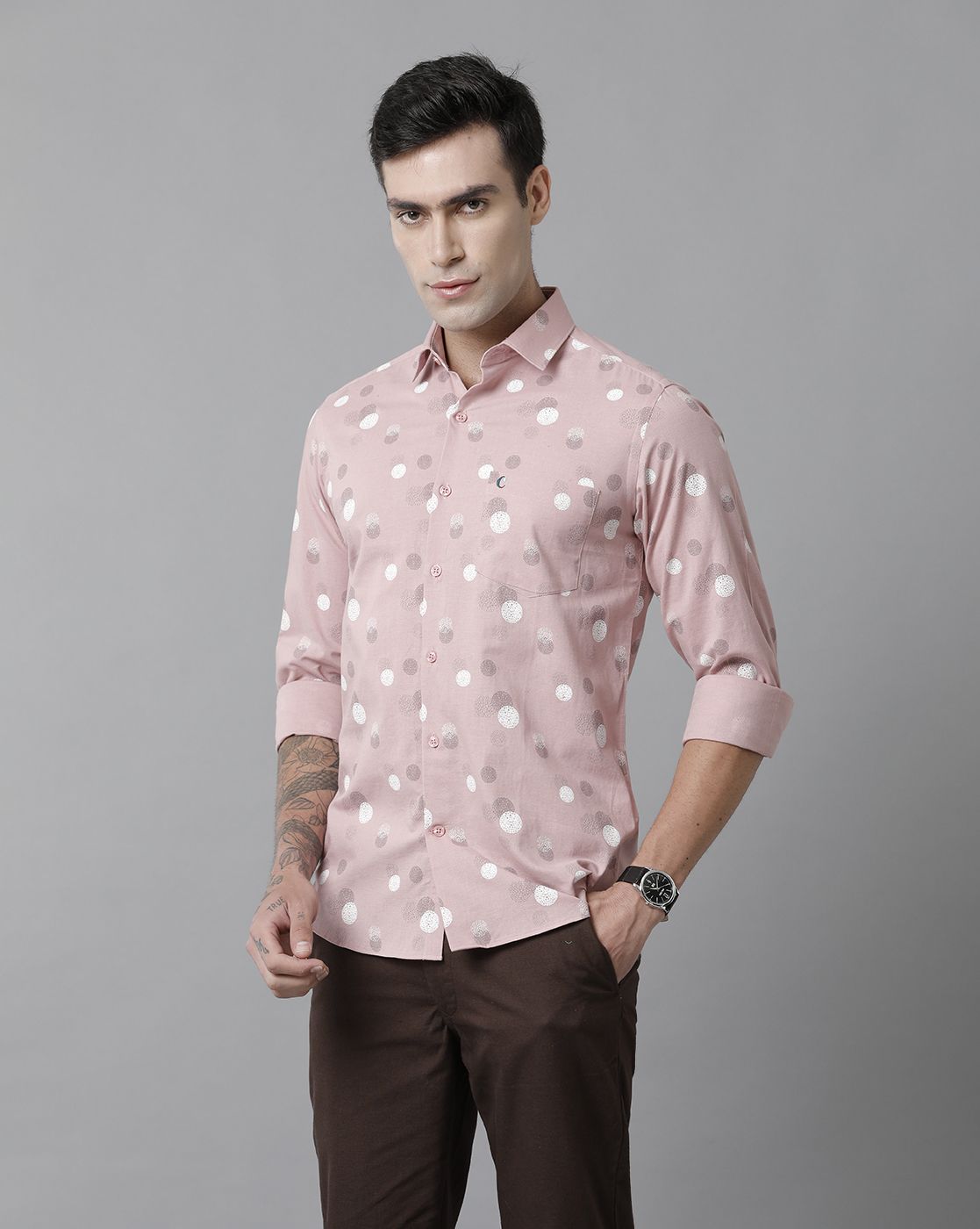 Cavallo By Linen Club Men's Cotton Linen Peach Printed Slim Fit Full Sleeve Casual Shirt