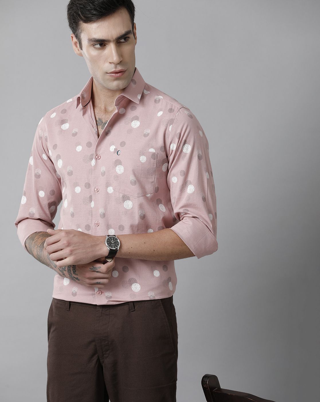 Cavallo By Linen Club Men's Cotton Linen Peach Printed Slim Fit Full Sleeve Casual Shirt