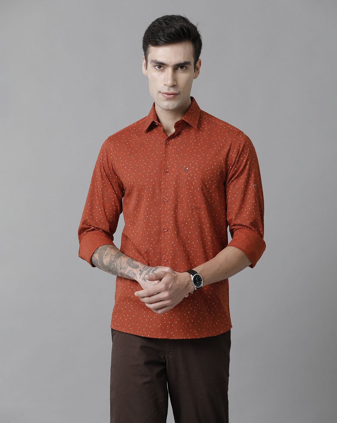 Cavallo By Linen Club Men's Cotton Linen Red Printed Slim Fit Full Sleeve Casual Shirt