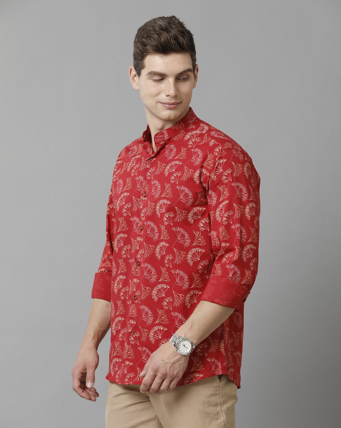 Men's Blended Linen Red Printed Contemporary Fit Full Sleeve Sleeve Casual Shirt