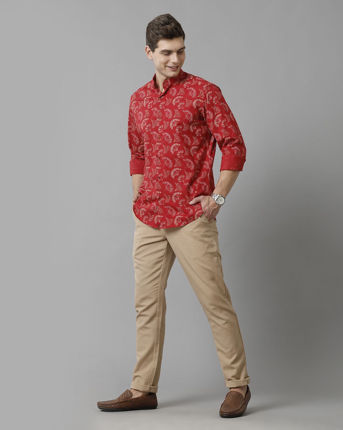 Men's Blended Linen Red Printed Contemporary Fit Full Sleeve Sleeve Casual Shirt
