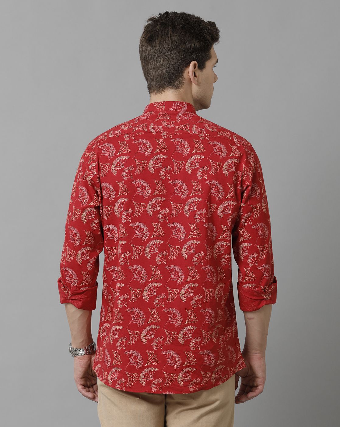 Men's Blended Linen Red Printed Contemporary Fit Full Sleeve Sleeve Casual Shirt