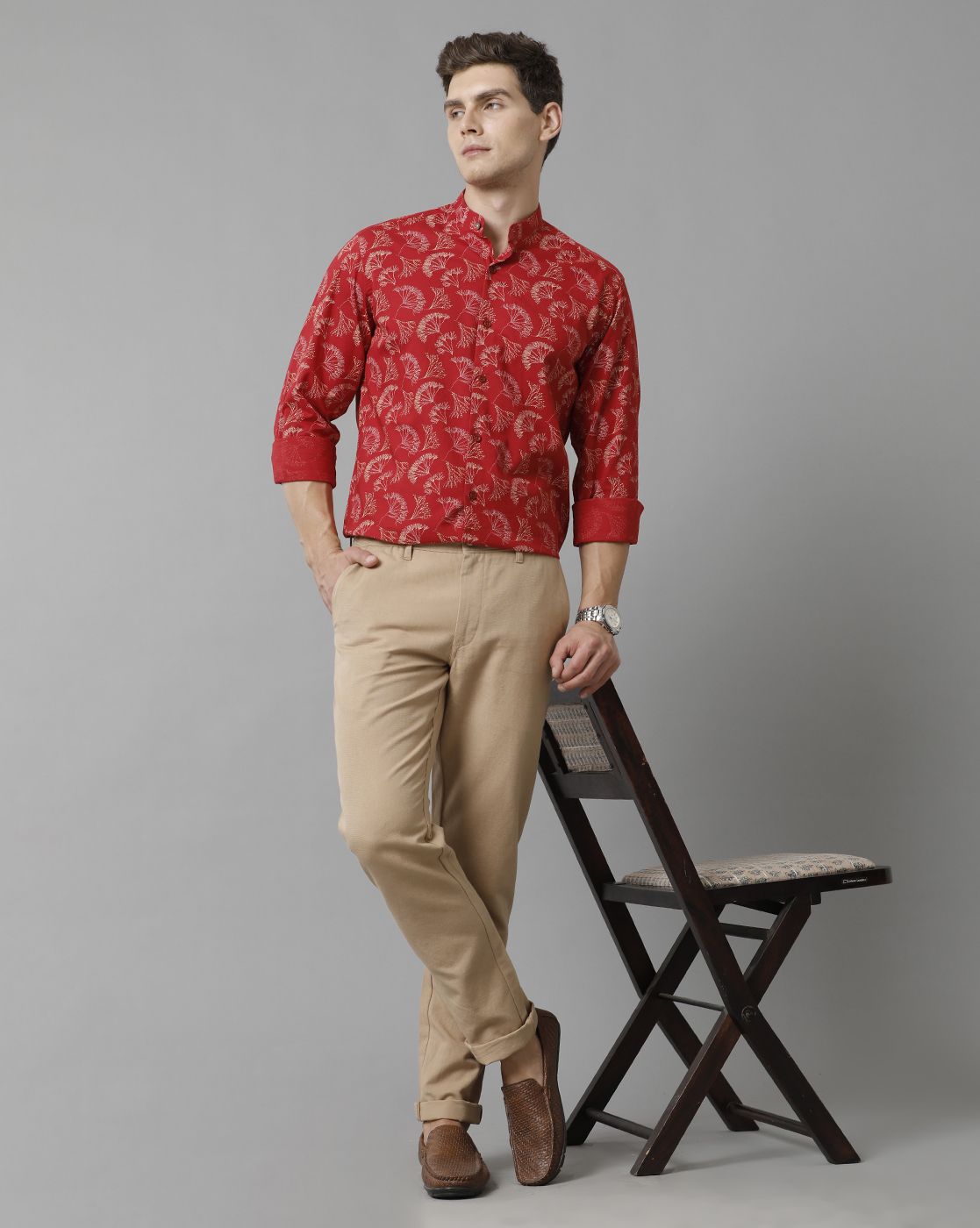 Men's Blended Linen Red Printed Contemporary Fit Full Sleeve Sleeve Casual Shirt