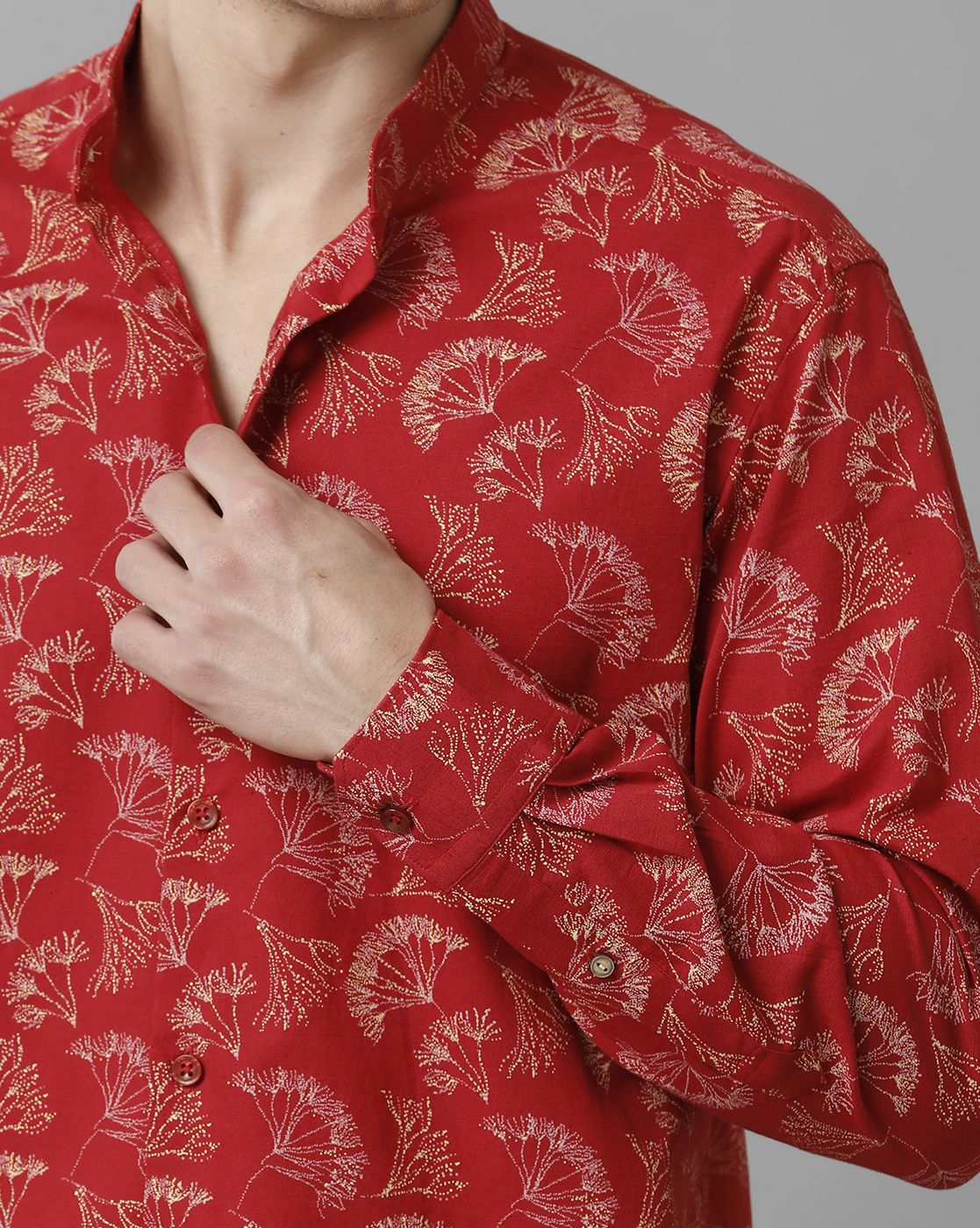 Men's Blended Linen Red Printed Contemporary Fit Full Sleeve Sleeve Casual Shirt
