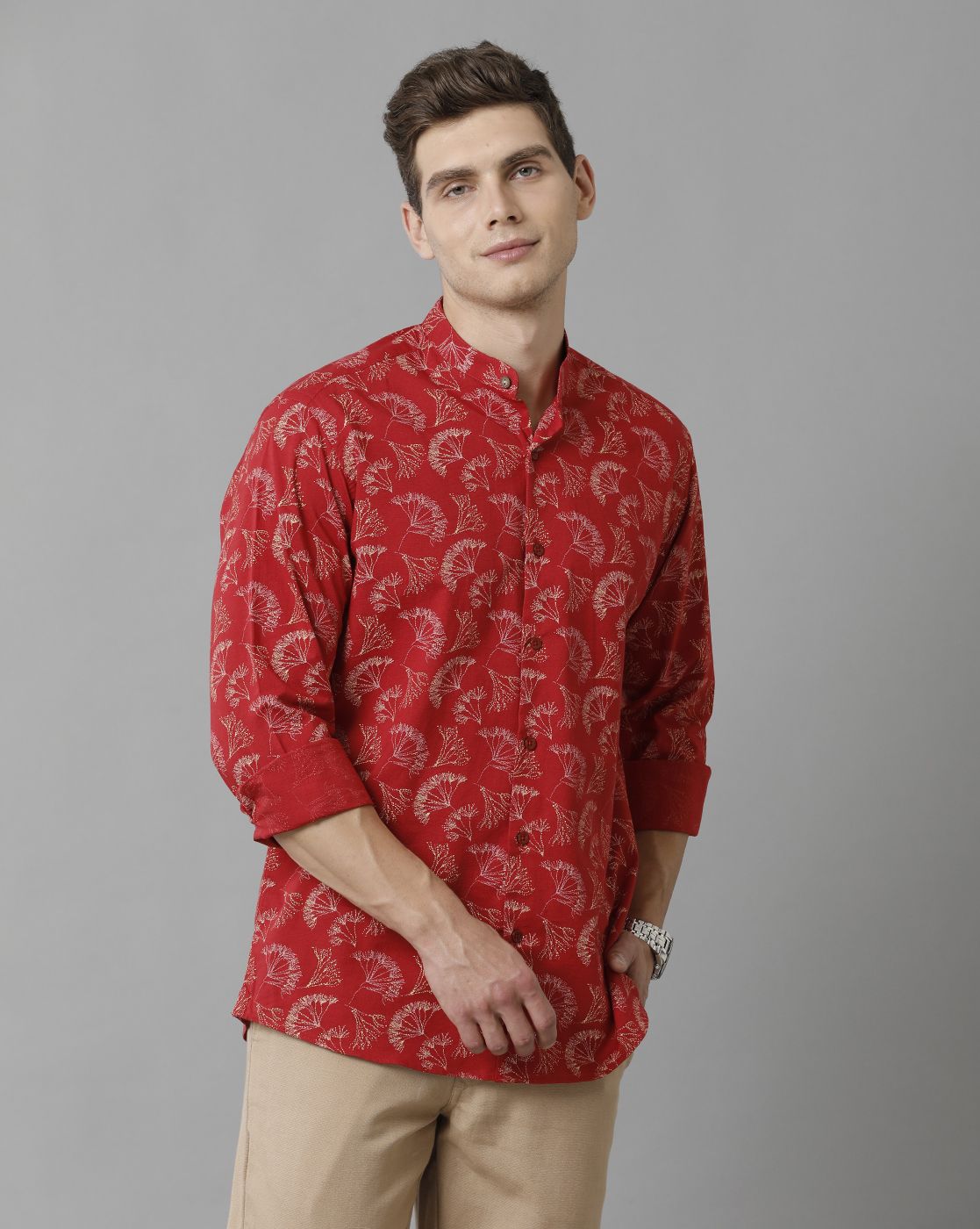 Men's Blended Linen Red Printed Contemporary Fit Full Sleeve Sleeve Casual Shirt