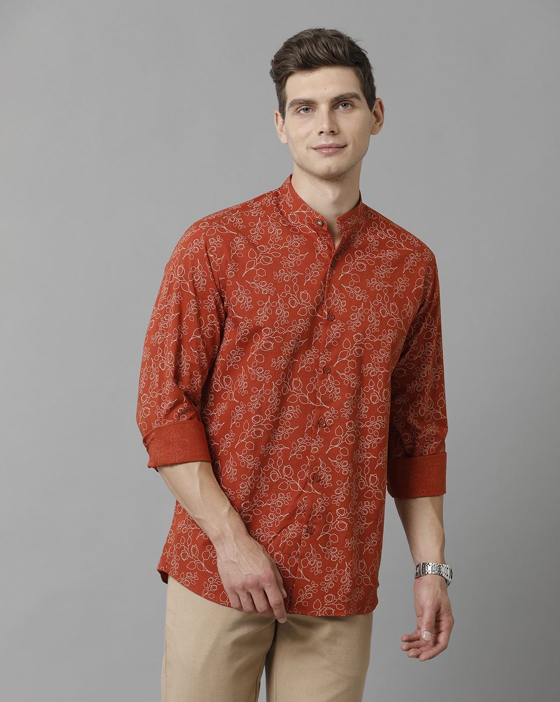 Men's Blended Linen Red Printed Contemporary Fit Full Sleeve Sleeve Casual Shirt