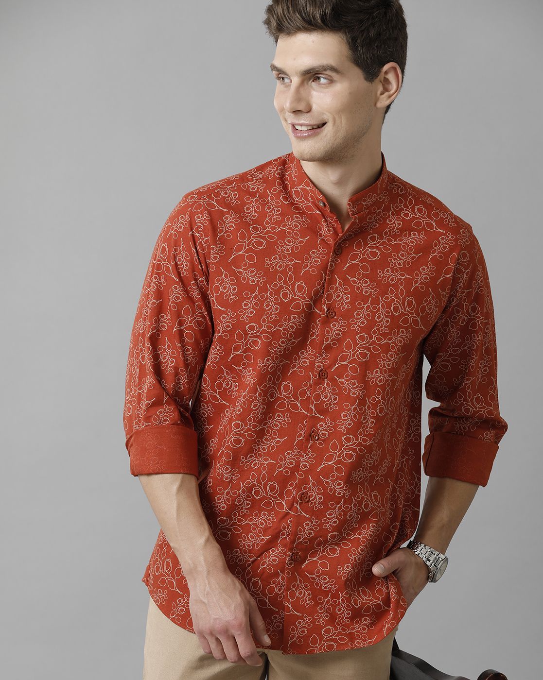 Men's Blended Linen Red Printed Contemporary Fit Full Sleeve Sleeve Casual Shirt