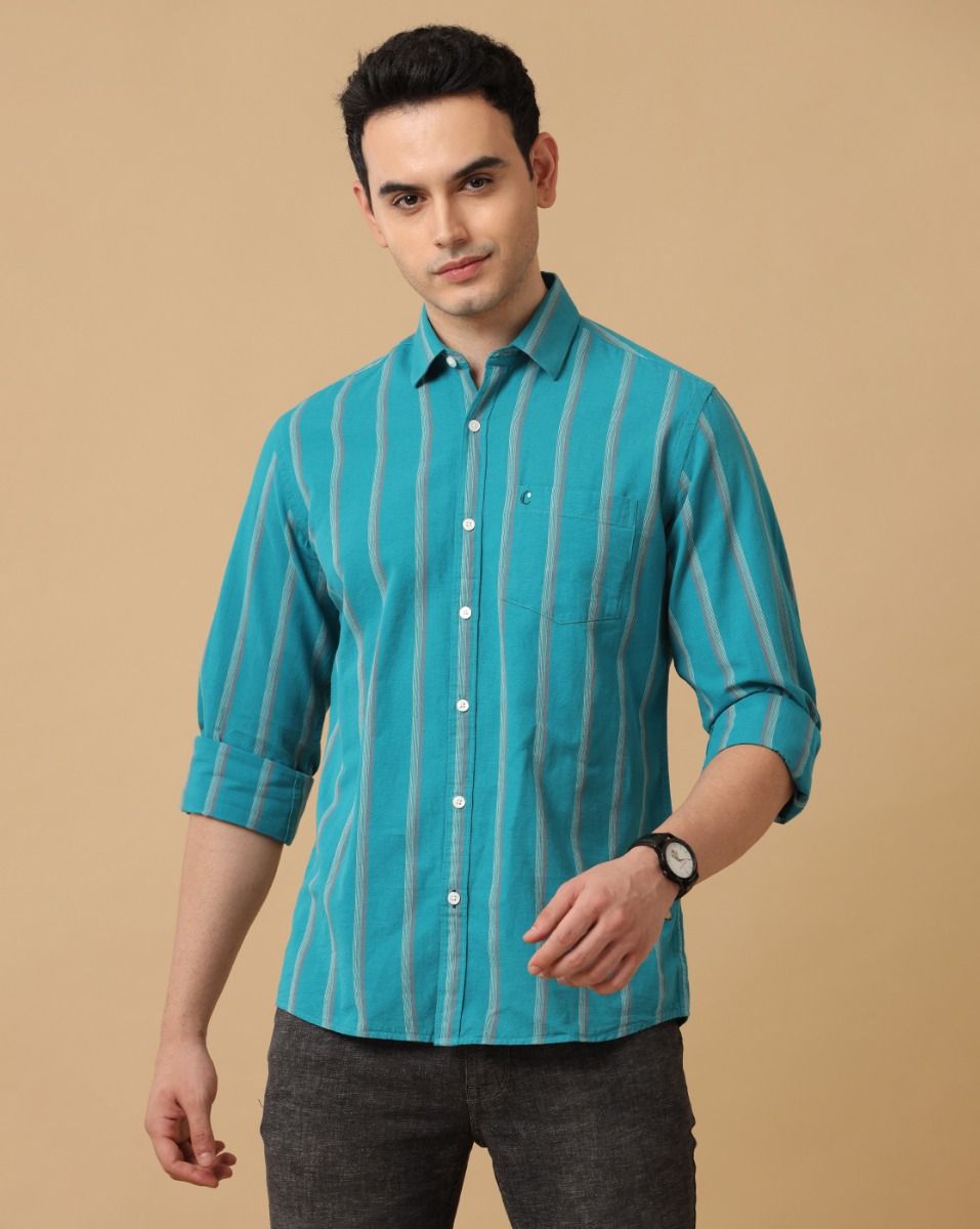 Cavallo By Linen Club Men's Cotton Linen Turquoise Blue Striped Regular Fit Full Sleeve Casual Shirt