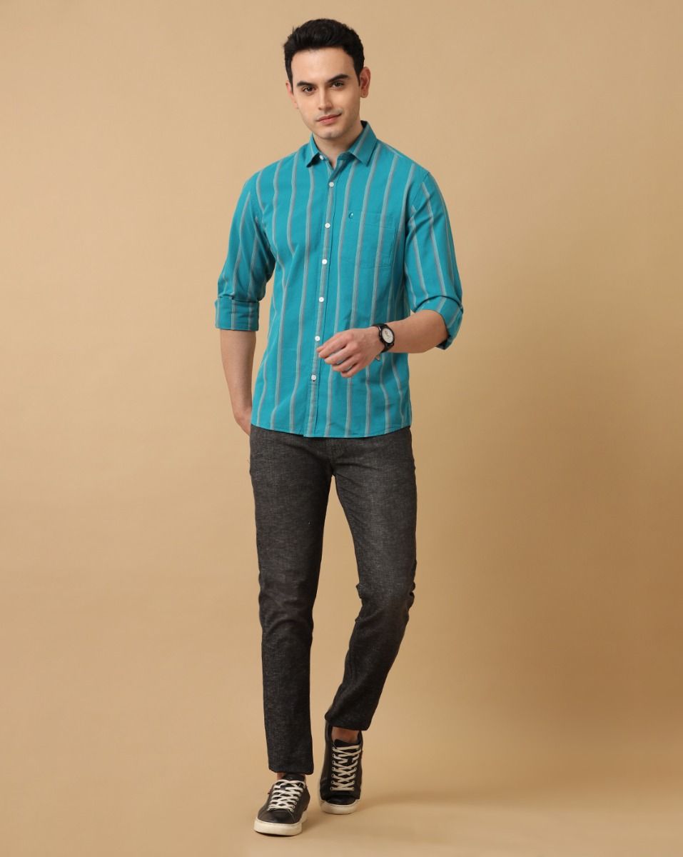 Cavallo By Linen Club Men's Cotton Linen Turquoise Blue Striped Regular Fit Full Sleeve Casual Shirt