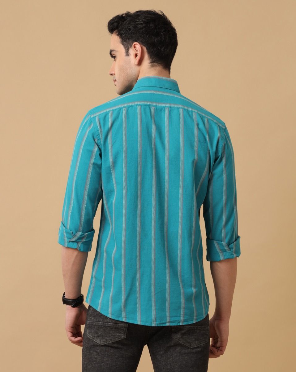 Cavallo By Linen Club Men's Cotton Linen Turquoise Blue Striped Regular Fit Full Sleeve Casual Shirt