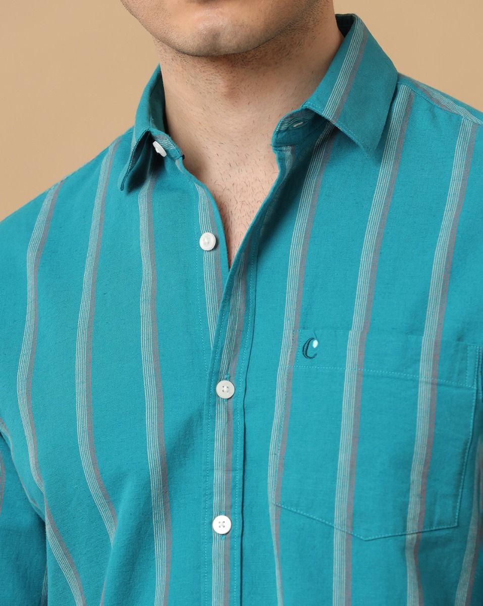 Cavallo By Linen Club Men's Cotton Linen Turquoise Blue Striped Regular Fit Full Sleeve Casual Shirt