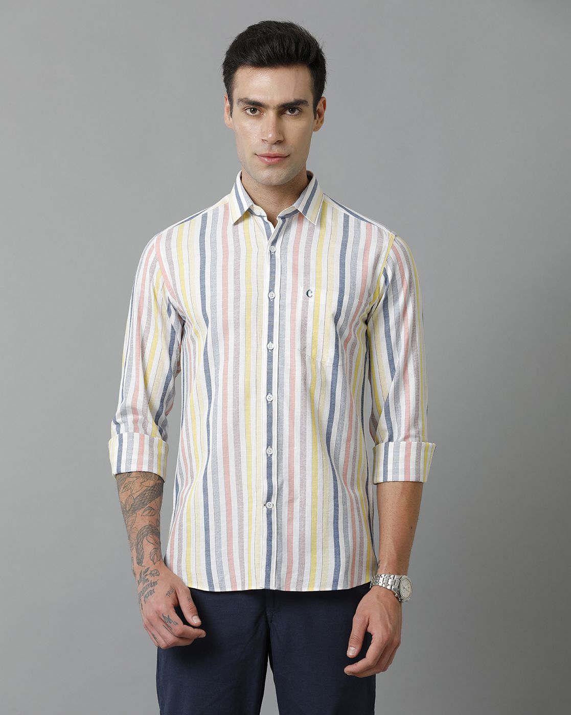 Men's Blended Linen Multicolor Striped Contemporary Fit Full Sleeve Sleeve Casual Shirt