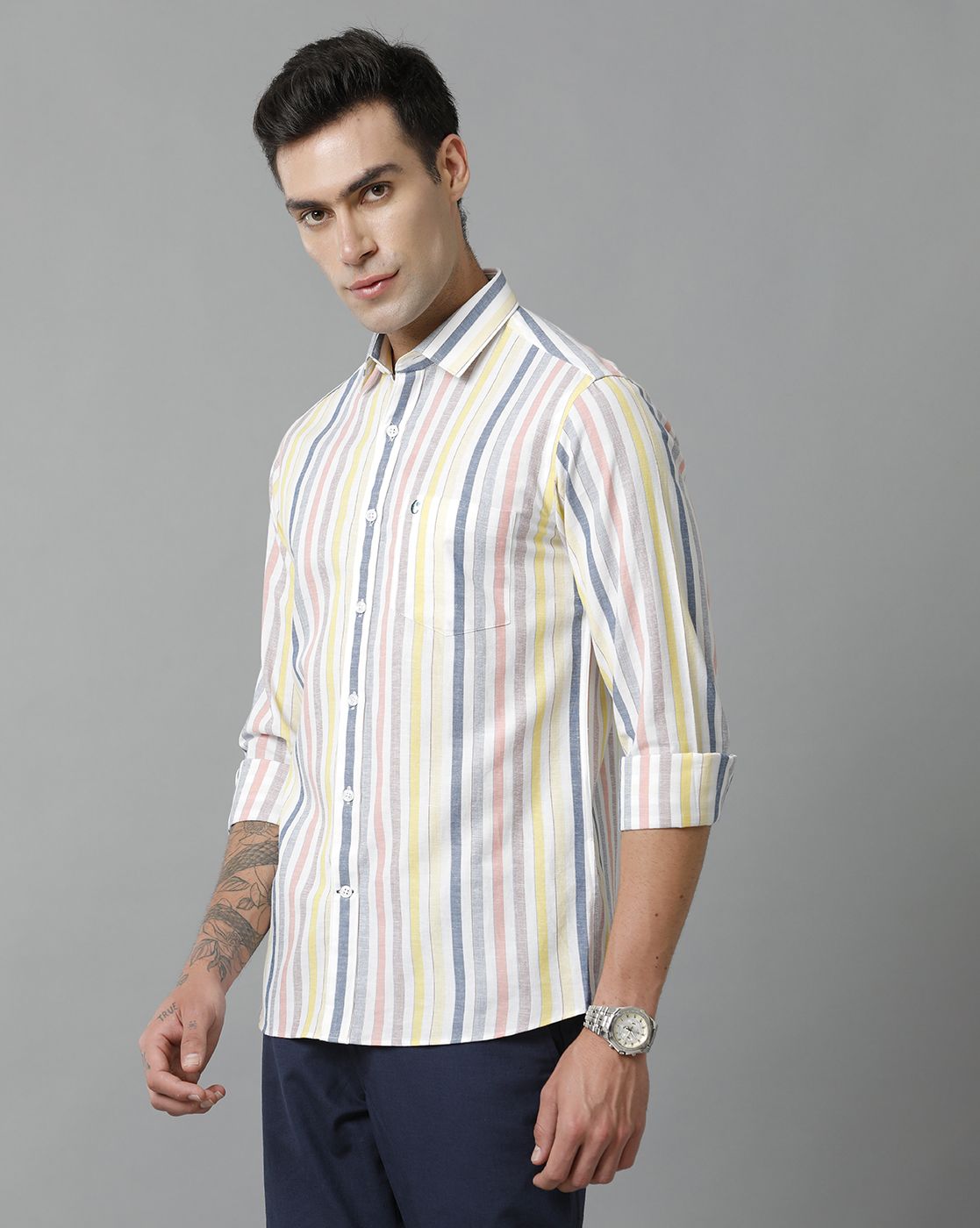 Men's Blended Linen Multicolor Striped Contemporary Fit Full Sleeve Sleeve Casual Shirt