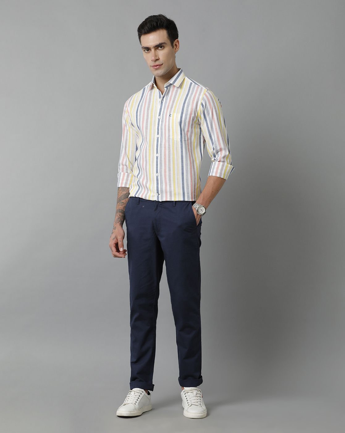 Men's Blended Linen Multicolor Striped Contemporary Fit Full Sleeve Sleeve Casual Shirt