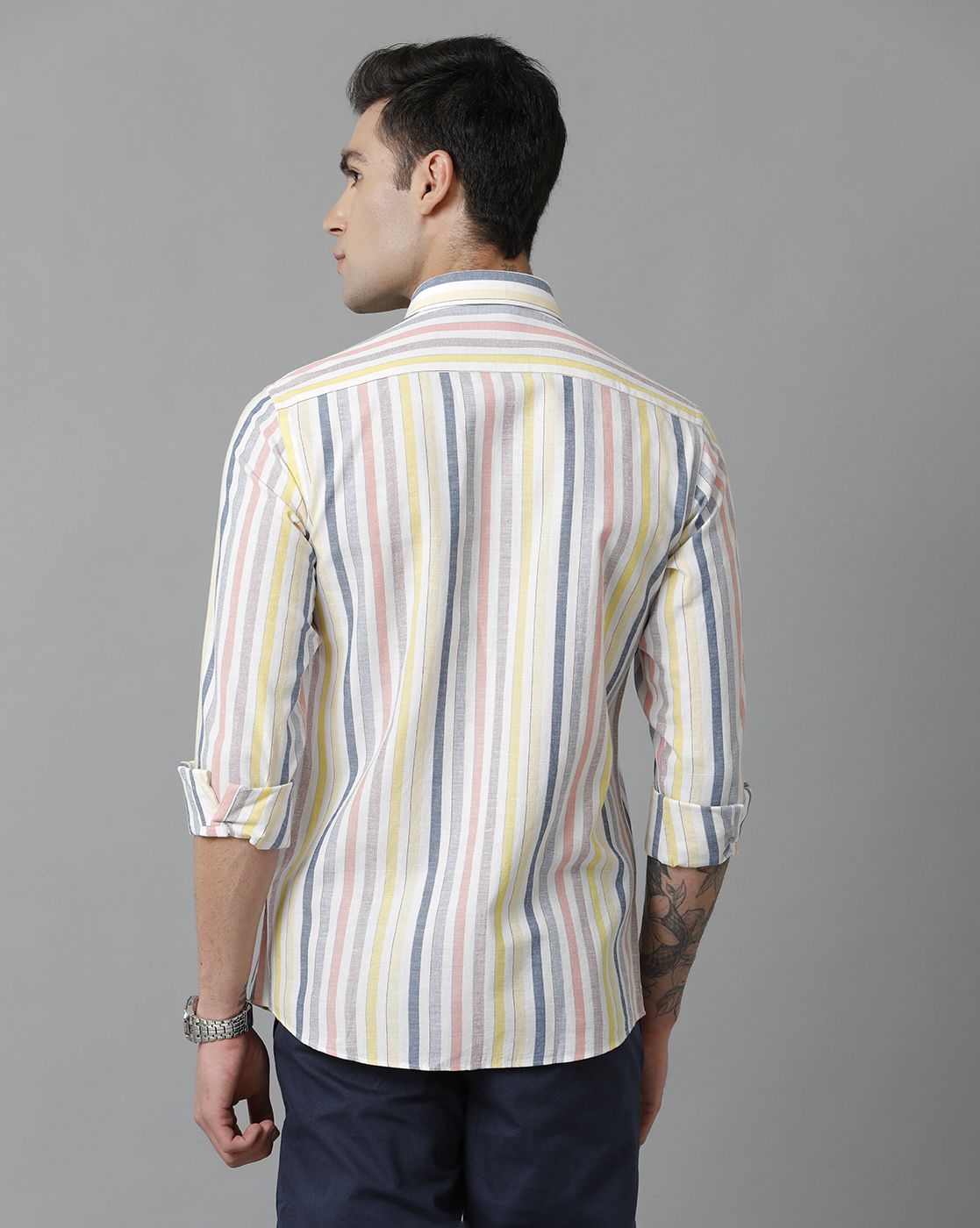 Men's Blended Linen Multicolor Striped Contemporary Fit Full Sleeve Sleeve Casual Shirt