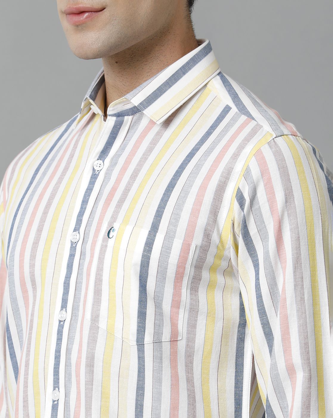 Men's Blended Linen Multicolor Striped Contemporary Fit Full Sleeve Sleeve Casual Shirt