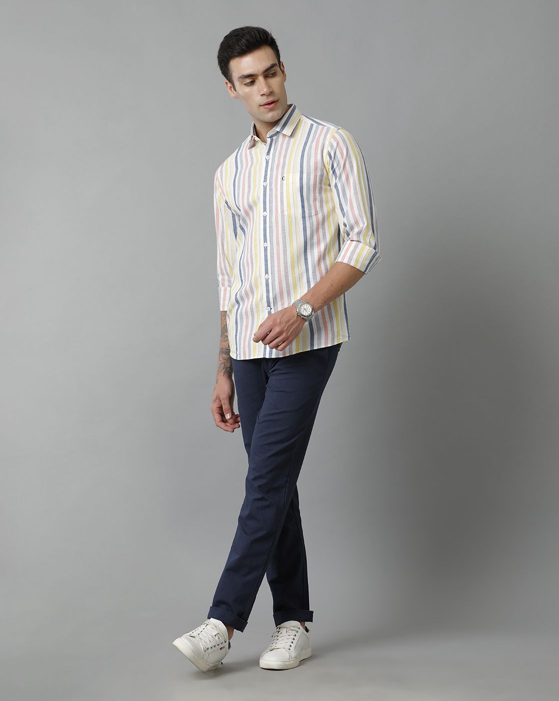 Men's Blended Linen Multicolor Striped Contemporary Fit Full Sleeve Sleeve Casual Shirt