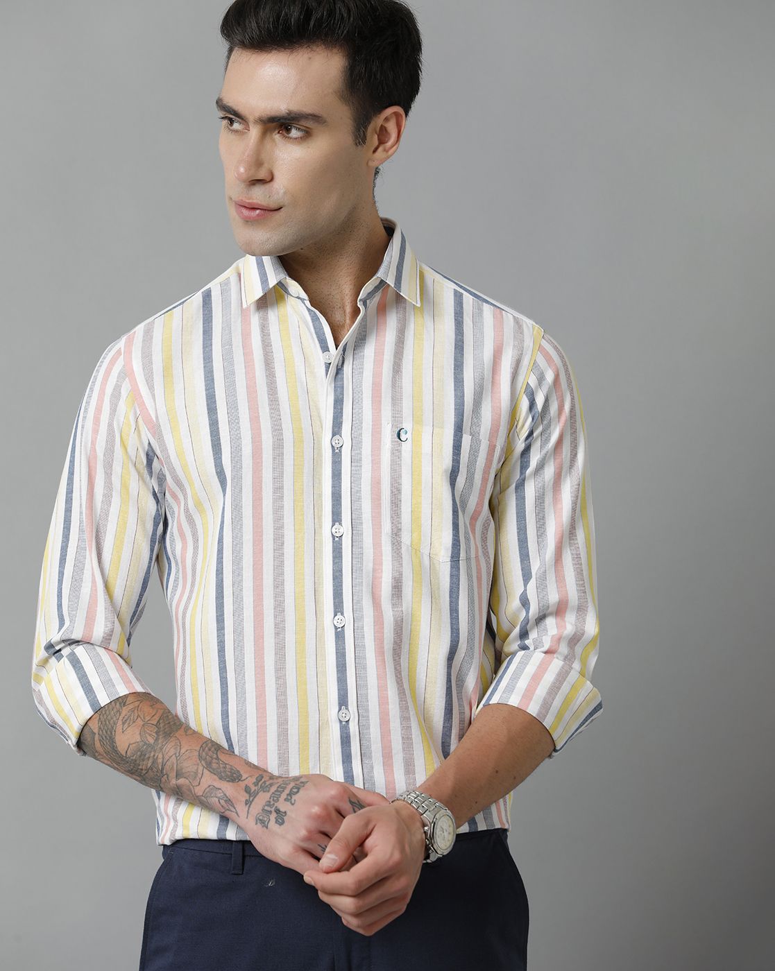 Men's Blended Linen Multicolor Striped Contemporary Fit Full Sleeve Sleeve Casual Shirt