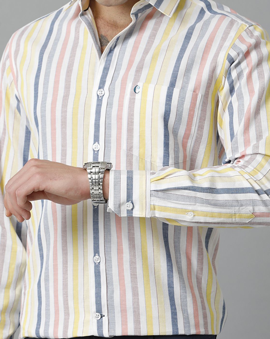 Men's Blended Linen Multicolor Striped Contemporary Fit Full Sleeve Sleeve Casual Shirt
