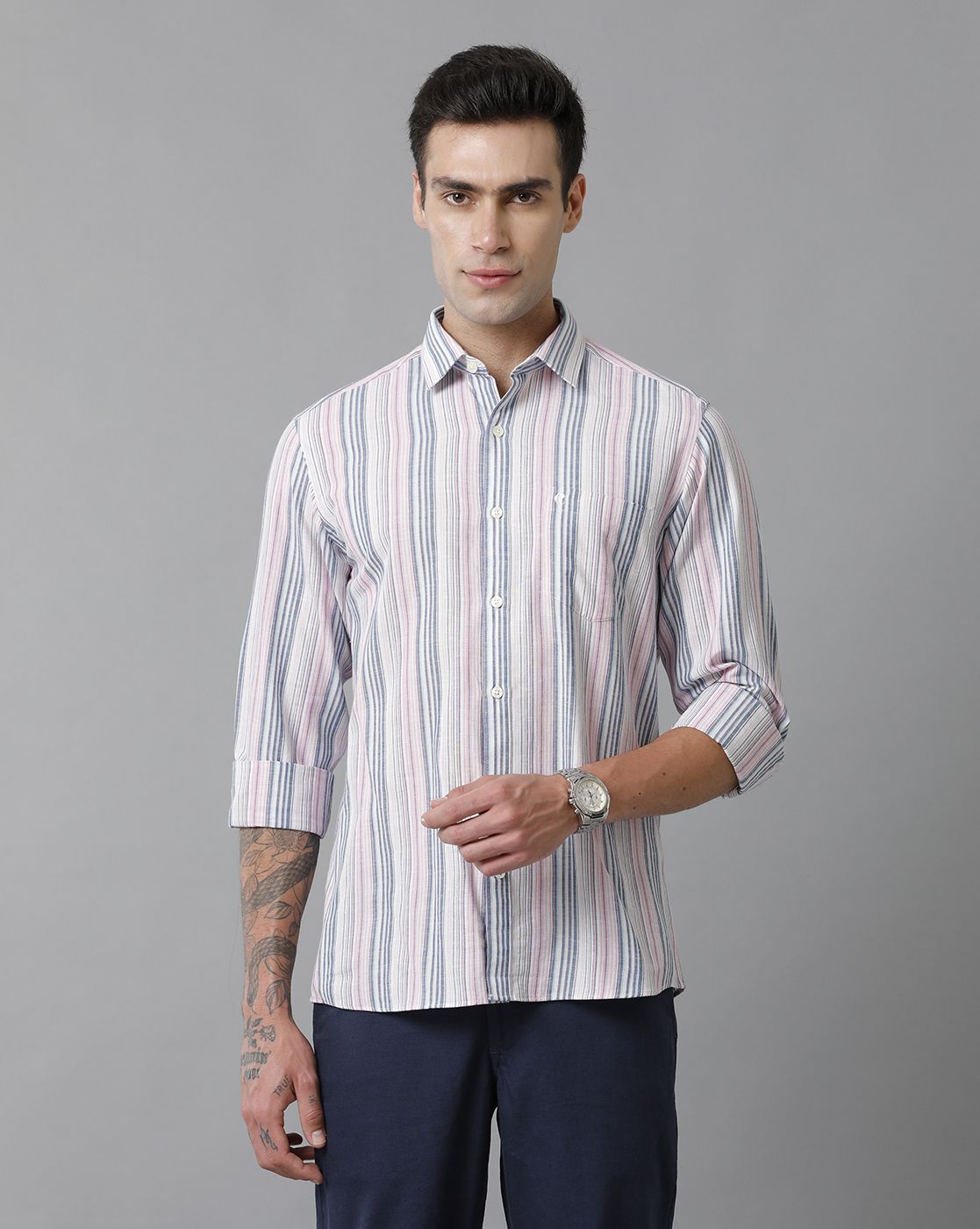 Men's Blended Linen Multicolor Striped Contemporary Fit Full Sleeve Sleeve Casual Shirt