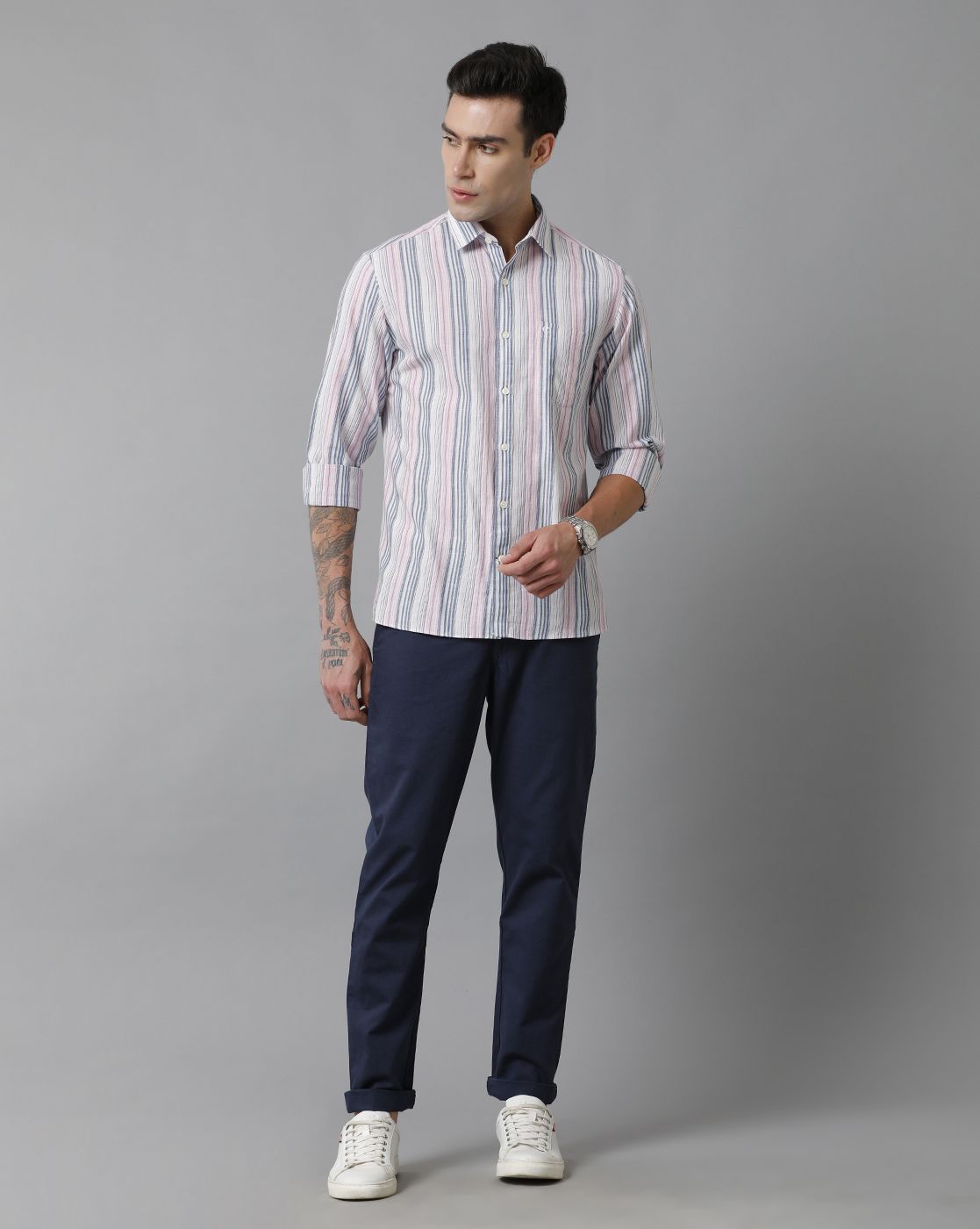 Men's Blended Linen Multicolor Striped Contemporary Fit Full Sleeve Sleeve Casual Shirt