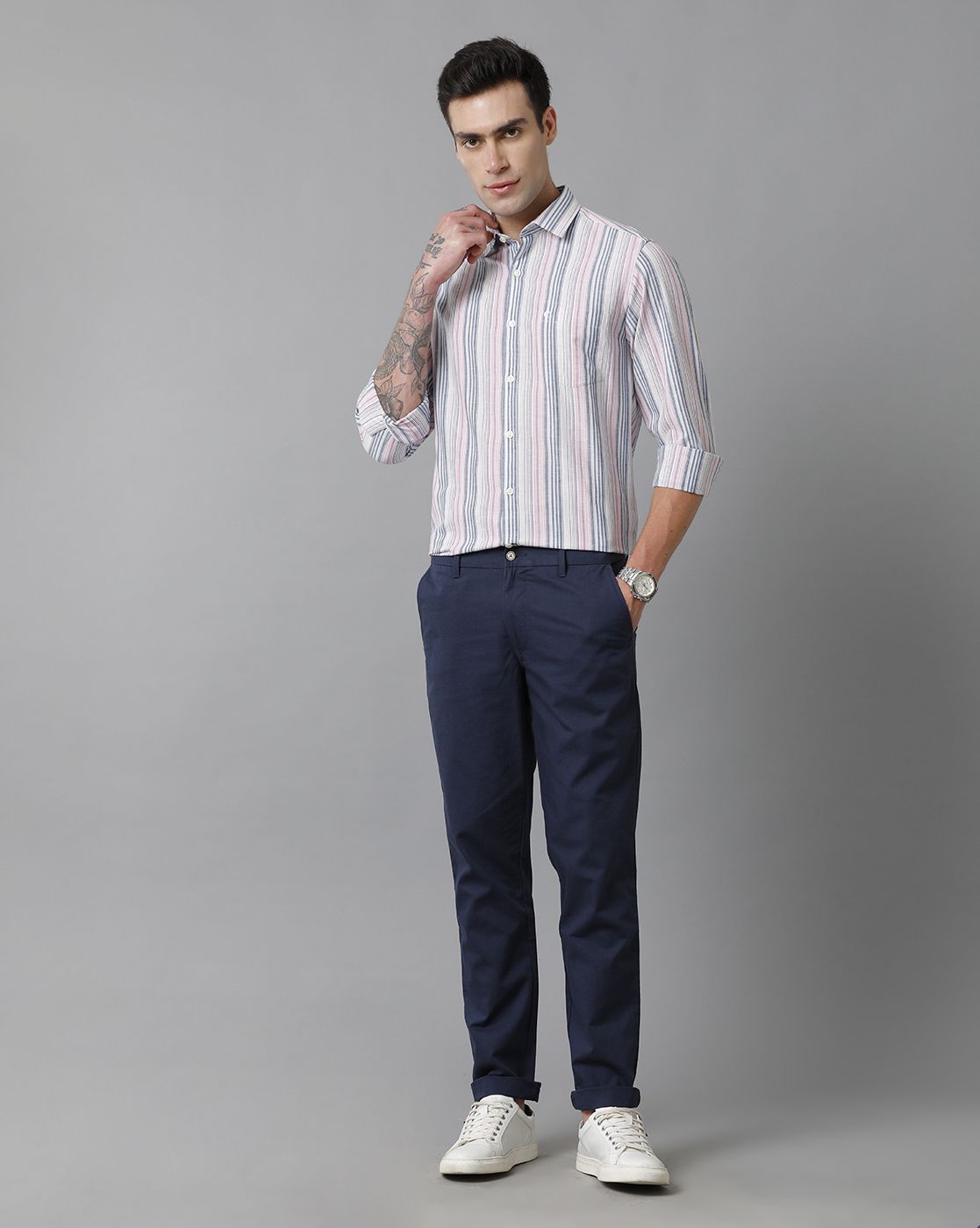 Men's Blended Linen Multicolor Striped Contemporary Fit Full Sleeve Sleeve Casual Shirt