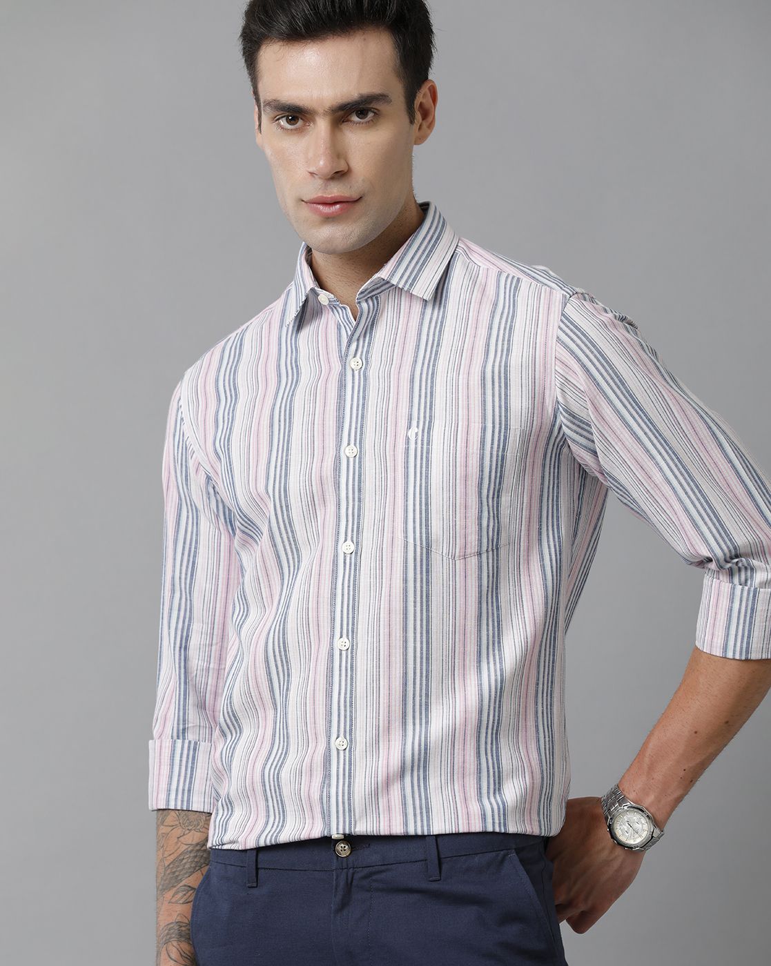 Men's Blended Linen Multicolor Striped Contemporary Fit Full Sleeve Sleeve Casual Shirt