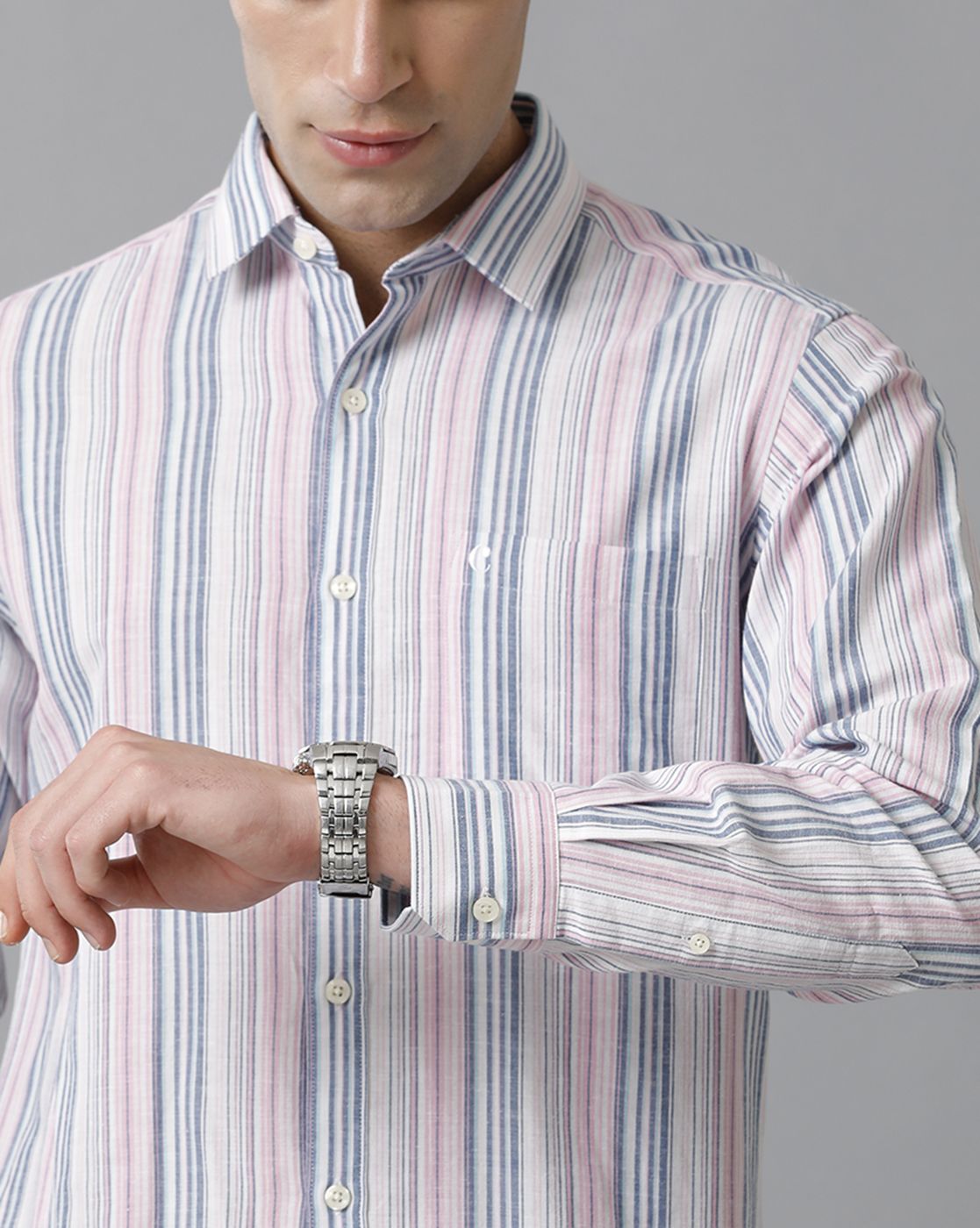 Men's Blended Linen Multicolor Striped Contemporary Fit Full Sleeve Sleeve Casual Shirt