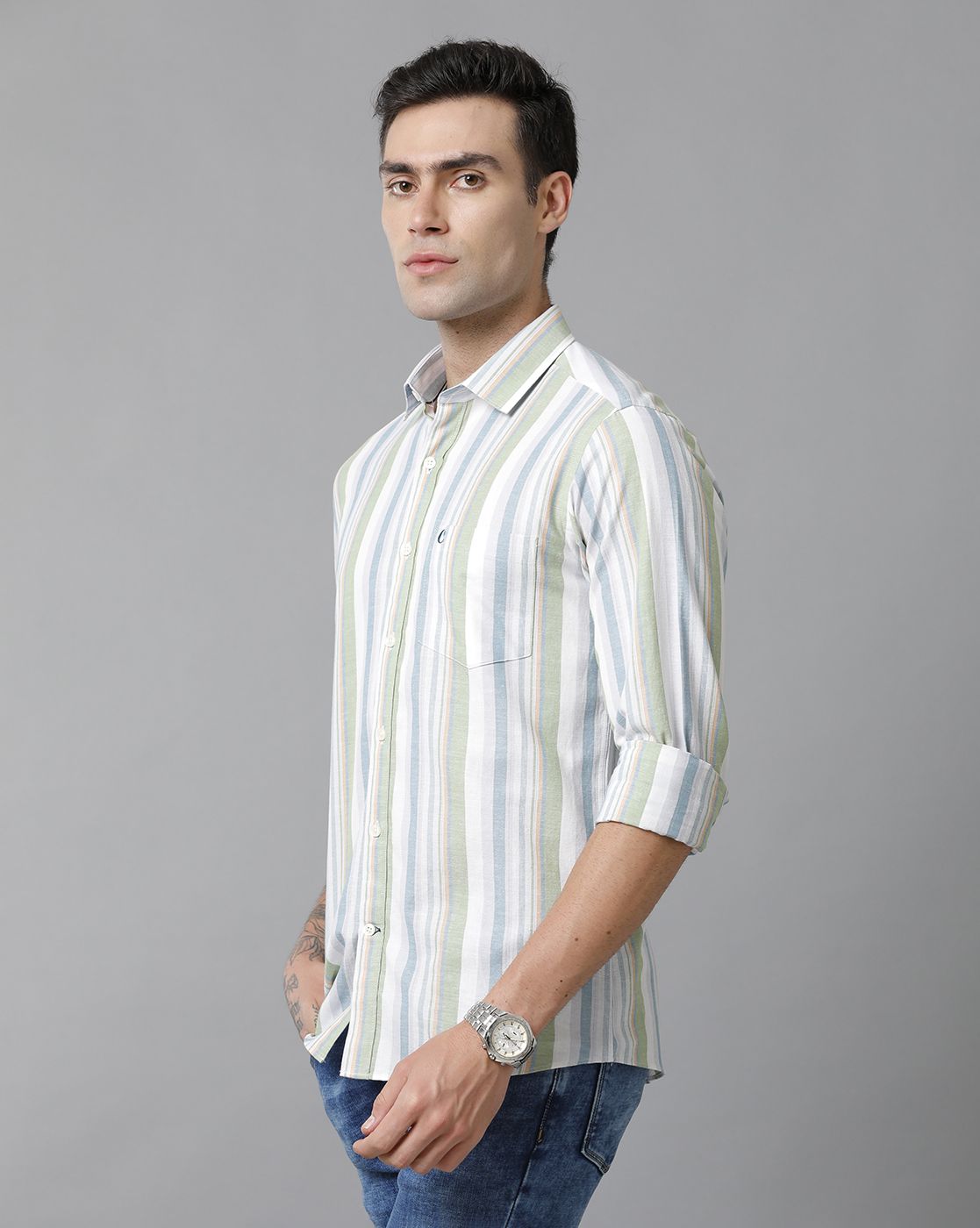 Men's Blended Linen Multicolor Striped Contemporary Fit Full Sleeve Sleeve Casual Shirt