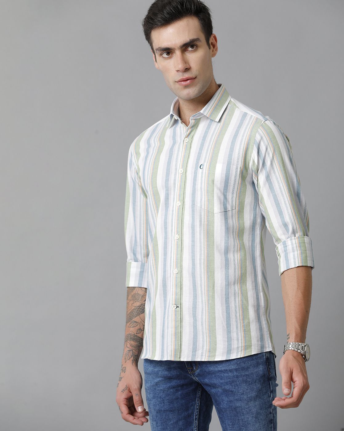 Men's Blended Linen Multicolor Striped Contemporary Fit Full Sleeve Sleeve Casual Shirt