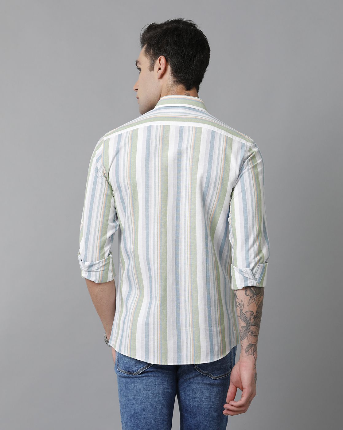 Men's Blended Linen Multicolor Striped Contemporary Fit Full Sleeve Sleeve Casual Shirt