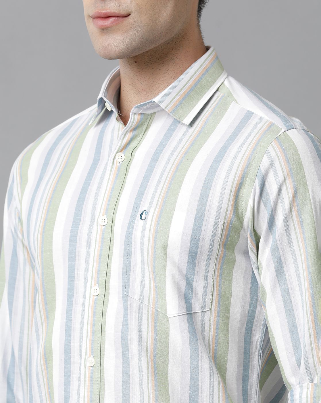 Men's Blended Linen Multicolor Striped Contemporary Fit Full Sleeve Sleeve Casual Shirt